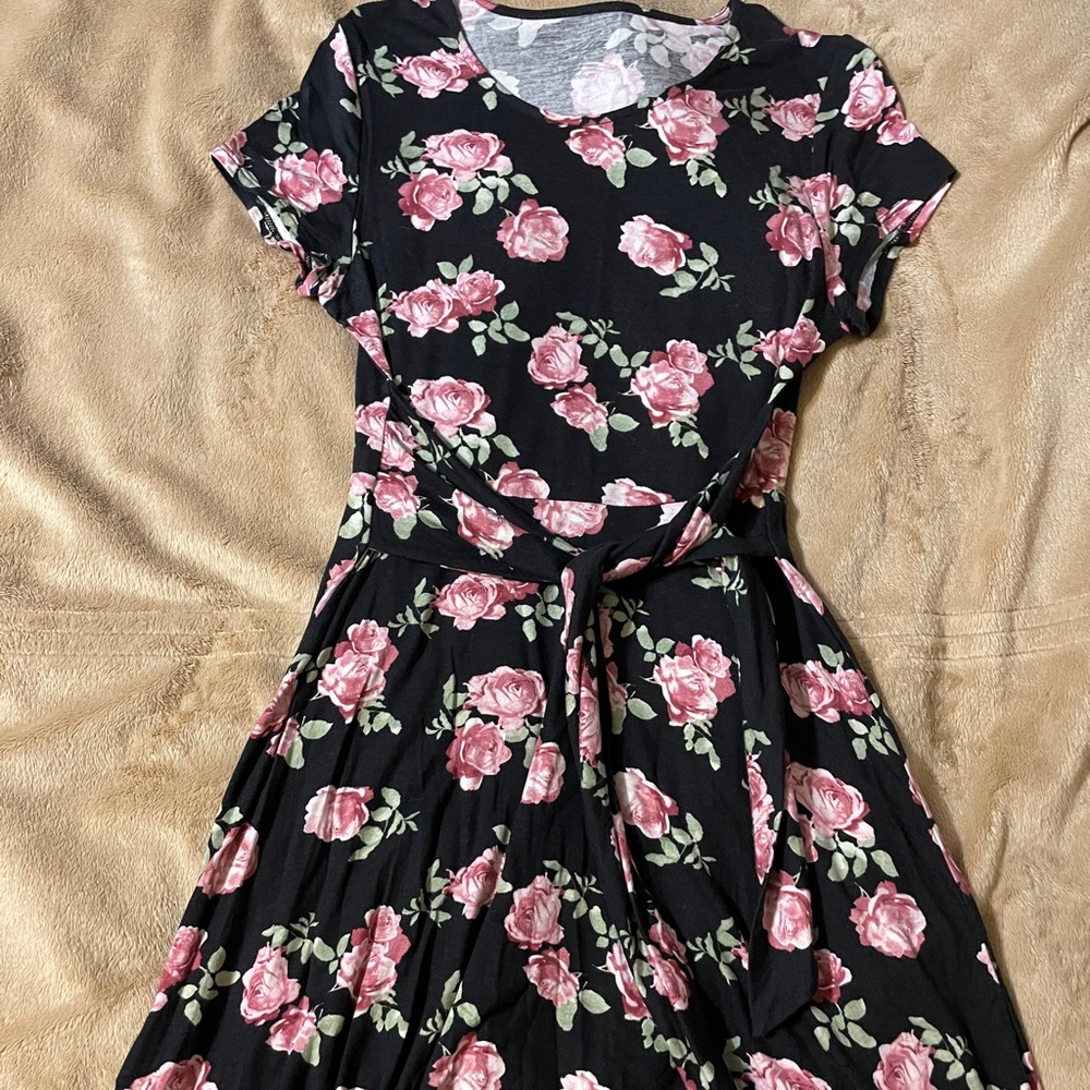 cottagecore midi rose dress with midsection tie